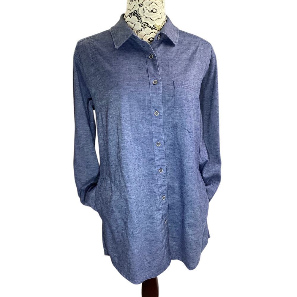 PRANA Women's Aster Tunic Shirt Hemp Blend Button Up Split Back, Size L blue